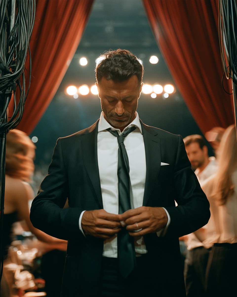 A speaker adjusting his jacket backstage
