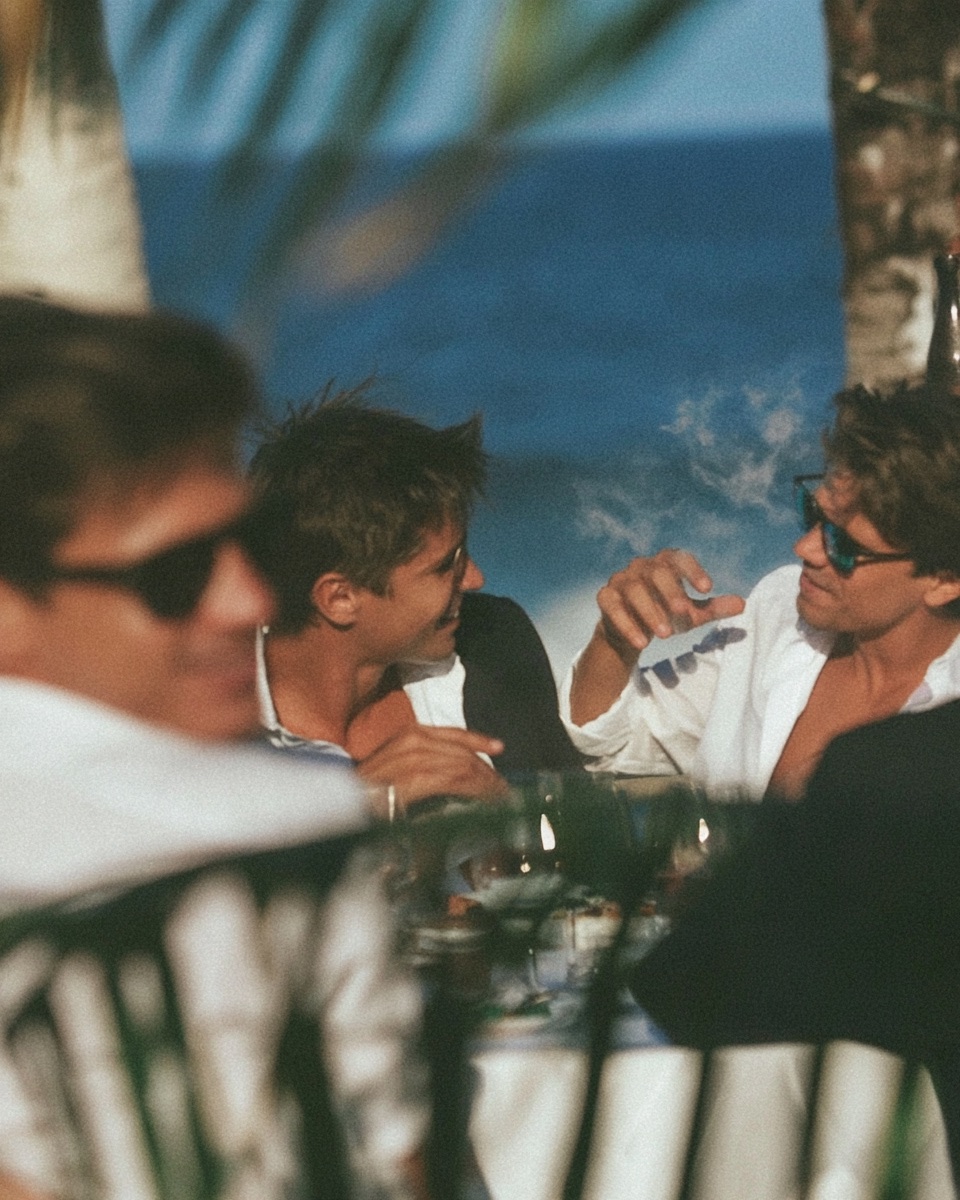 Friends laughing at a long lunch by the sea