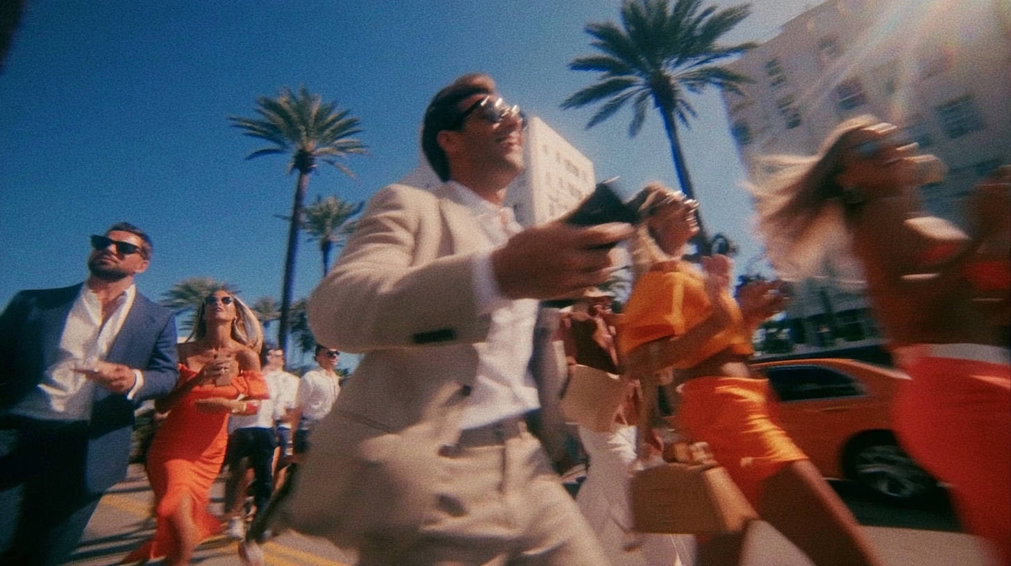 Friends crossing a sunlit street in Miami, laughing